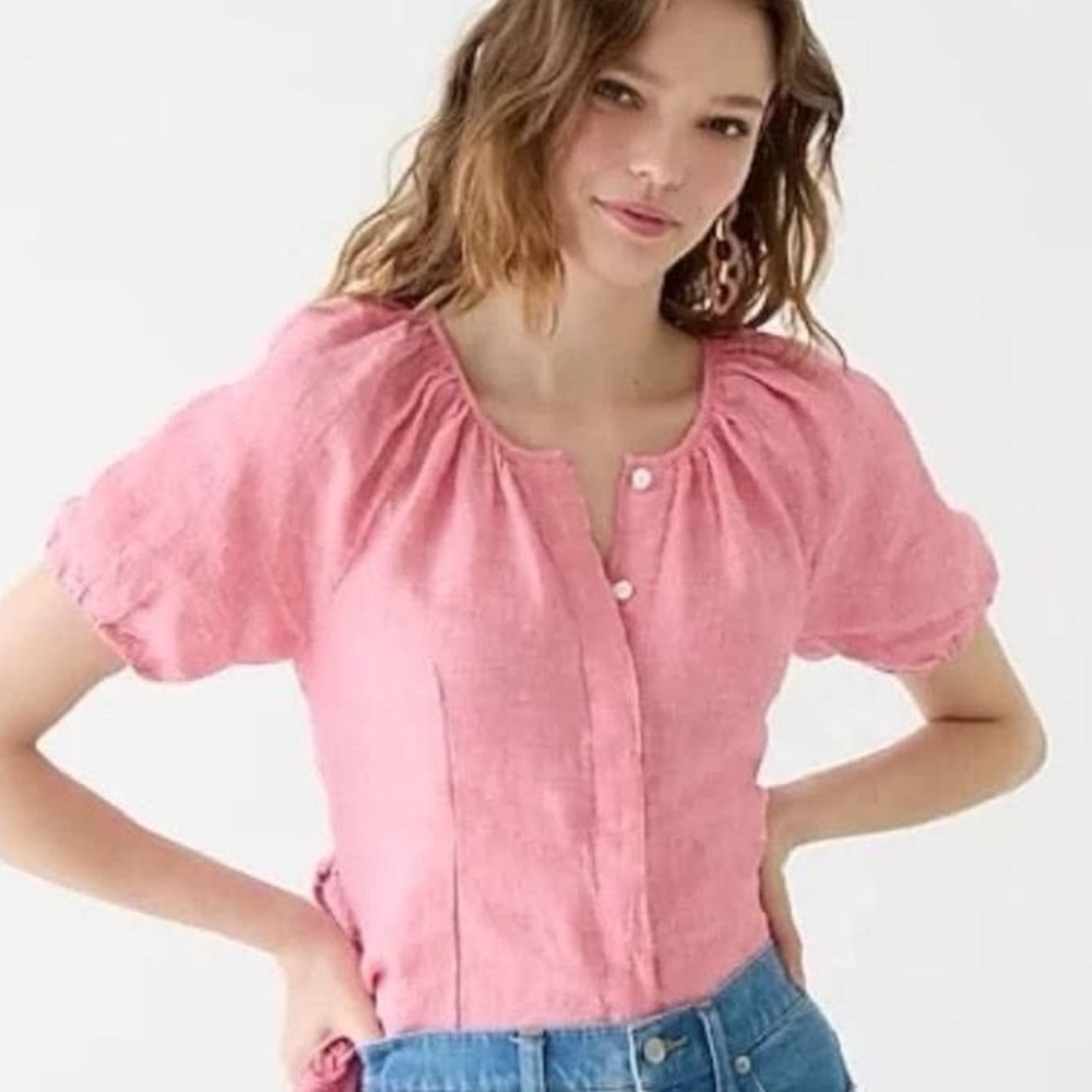 J.Crew Pink V-Back Short Sleeve Linen Top